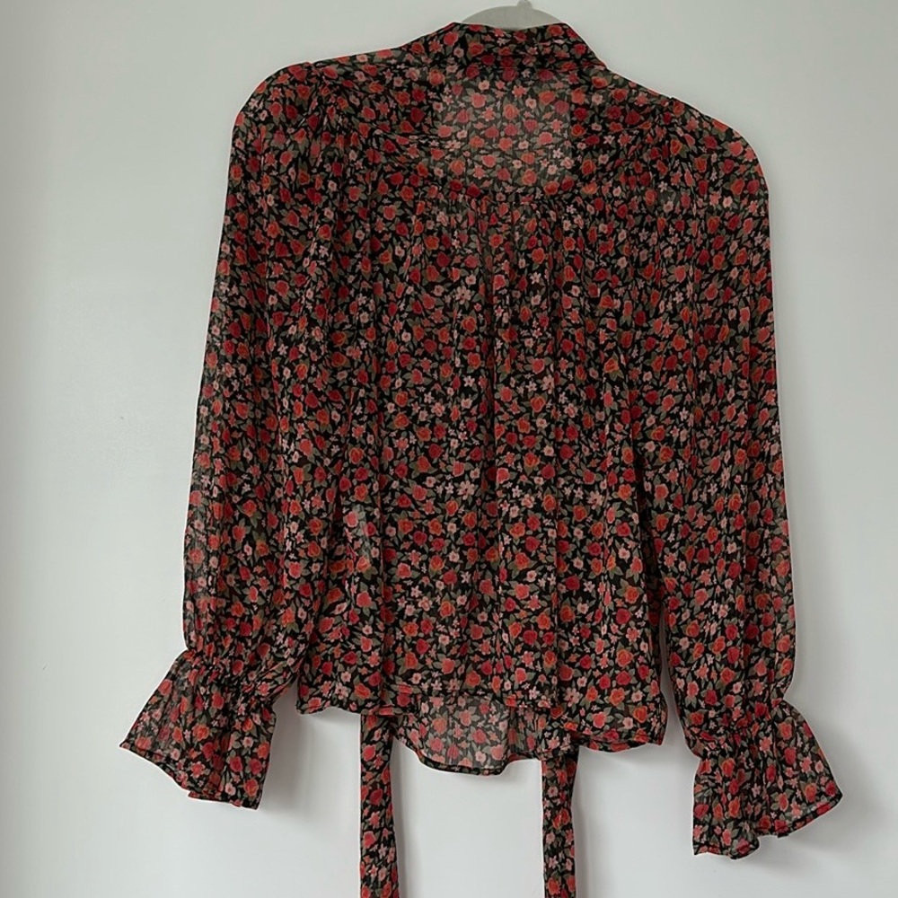 Zara Black Red Floral Print Sheer Tie-Waist Blouse